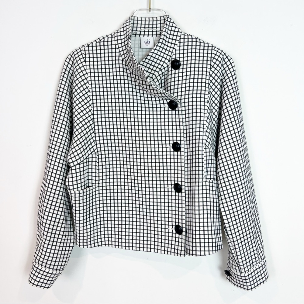 CABI BLACK & WHITE WINDOWPANE OFFSET BUTTON FRONT BLAZER JACKET WOMENS SZ XS